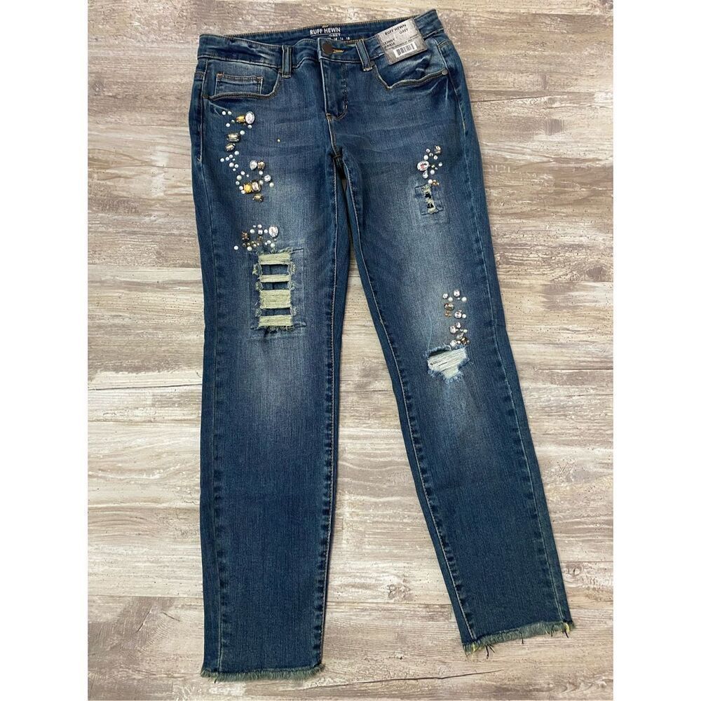 Ruff Hewn Skinny Ankle Crop Jeans Mid Rise Rhinestone Jewels Bling Women’s Sz 4